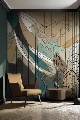 Create handpainted wall mural with diverging lines creating an abstract linescape in earthy and subdued tones, reflecting the Vorticist fascination with geometry and form."