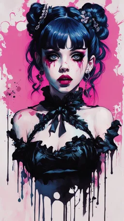 Poster in two gradually, a one side malevolent goth vampire girl face and other side the Singer Melanie Martinez face, full body, painting by Yoji Shinkawa, darkblue and pink tones,