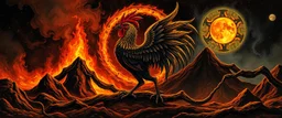 &The source of light shadow chaos order, Abraxas the first creature, older than God fire and darkness volcano Haiti god with rooster head and serpent legs as a vision of the beginning of awakening within a dream of paint color and time, 365, ruling over the sun the planets, color, time itself