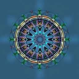 2d Kaleidoscope recursive made of a metallic random color ribon circle ring turning many times in side of a bigger circle with random points in first circle making line art,blue gray tema background