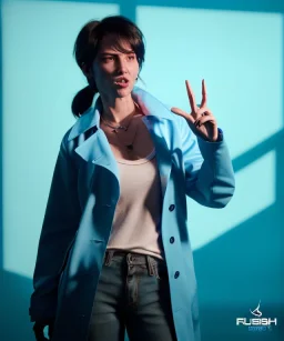 Ultra Realistic image, photo studio, medium shot view, a woman making the fuck off gesture with his finger, blue smoke coming out of his nose and mouth. Latex inflatable coat, soft color, highly detailed, unreal engine 5, ray tracing, RTX, lumen lighting, ultra detail, volumetric lighting, finely drawn, high definition, high resolution.