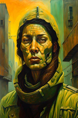 Oil painting of surreal homeless cyberpunk female mercenary with highly detailed facial features in the style of Zdzislaw Beksinski, light luminous colors and otherworldly dystopian aesthetic, decay and the grim struggle for life