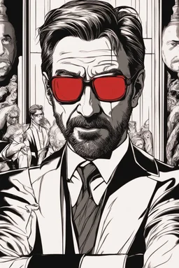 a devilish, intimidating Hans Gruber wearing red-tinted glasses