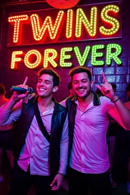 An "Identical twins" performing at dance club, theyre name is "Martin and Mercurius" Happy and celebrity look, , Neon lights and smog, "TWINS FOREVER" big sign on the wall