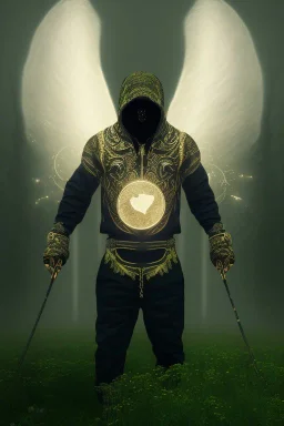 running berserker portrait , no face, black jogging suite , in the night Alps , holding coins , angels background, volumetric gold light, high detail, dark leaf tree, dark mountains in background, perfect