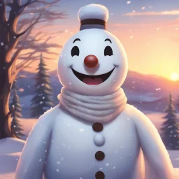 a villanous grin smiling snowman, serene and peaceful sunset background, soft sunlight, 2d anime art,