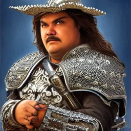 portrait,"Insanely detailed photograph of an armored mariachi warrior with sword", mullet,jack black,intricate chainmail charo,large Sombrero,elegant, detailed D20 flair, digital painting, artstation, concept art, smooth, sharp focus, illustration, art by artgerm and greg rutkowski and alphonse mucha, 8 k