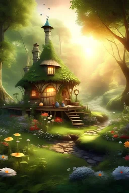 high definition enchanted forest with tiny fairy house cozy morning