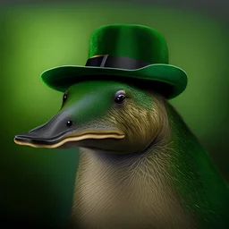 A realistic portrait of a platypus with green fur with a detective hat, the platypus must be cool