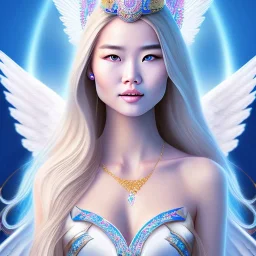 portrait of a beautiful mongolian woman with an angel face smiling,long blond hair, blue eyes, pink and blue dress, jewels, soft light aura