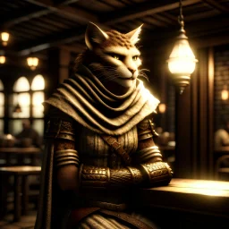 A distressed khajiit from Skyrim dressed in rags with brown spotted fur in a medieval fantasy tavern