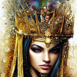 Beautiful egyption queen, surrounded by gold, gold coins rain down "Candy,luis royo, artgerm, Incredibly detailed, soft vibrant colors, Hyper-Realistic, Hyper-Detailed, dark aura, gold and black hue, supple, perfect face, perfect eyes, perfect proportions"