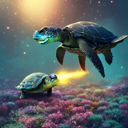 Mike Winkelmann style art, Fantastic digital art of a meditating turtle with closed eyes holding a wooden rod, high definition, magical powers, medium shot, background galaxy