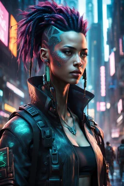 Realizza una dettagliata e ad alta risoluzione rappresentazione di un personaggio cyberpunk semi-realistico immerso in un contesto urbano, integrando senza soluzione di continuità la tecnologia avanzata con un ambiente grintoso. Immagina un protagonista che si muove attraverso le strade affollate, adornato di miglioramenti cibernetici che potenziano le sue capacità fisiche.