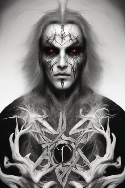 Symmetric portrait of a man with black metal facepaint, with long white hair, with a satanic pentagram on his chest, with bloody eyes, no hands