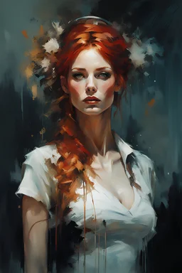 muscular stunning tall redhead russian woman 24yo sexy nurse costume :: dark mysterious esoteric atmosphere :: digital matt painting with rough paint strokes by Jeremy Mann + Carne Griffiths + Leonid Afremov, black canvas