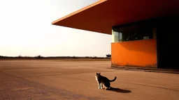 On the deserted runways of an abandoned airfield, the house stands quietly. The weathered orange base reflects the history of the site, while the sharp-glassed upper floor rises like a futuristic command tower. A stray cat wanders through the old hangars, pausing under the angular shadow of the building, while a photographer captures the scene from afar, intrigued by the blend of modernity and desolation.