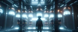 Sci-fi Laboratory Energy Capsules hung on a big sci-fi hanger, a human general standing in front of them, 4k, trending on artstation.