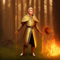 Male, Human, Blond, Sorcerer, Fire Mage, Golden Eyes, Young, Photorealism, Full Body Shot, Forest Background