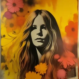 Damaged Hippie poster, girl with long hair , smoke, orange, pink, yellow, flowers, paper