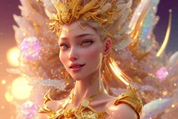 very beautiful crystal and gold goddess in a galactic ambiance, nice smiling, transparent petals, delicate colors, full of details, smooth, bright sunshine，soft light atmosphere, light effect，vaporwave colorful, concept art, smooth, extremely sharp detail, finely tuned detail, ultra high definition, 8 k, unreal engine 5, ultra sharp focus