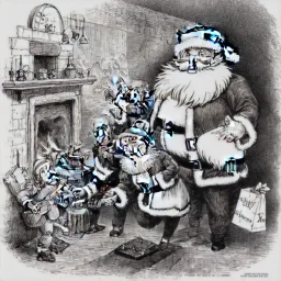 Santa Claus coming down a chimney surprisng the kids in the living room by Thomas Nast detailed