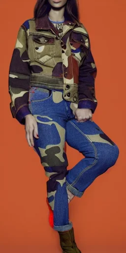 Model, woman. sérigraphie on denim with orange,terracotta, cream and purple colors. Camouflage patterns are screen printed on denim. Brunette woman in her 30's. thick thighs, thick calves, flat belly, wide hip. Mantle is sewed of recycled Denim and sewed together of camouflage pieces. It is with big bright purple felt tippet and cream-colored-hood. mantle is merged with satchel. Style: Haute Couture in 1920's and 1990's in New York. Paris in 2023