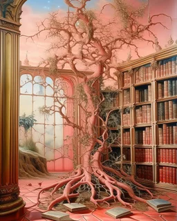 A pink magical library with thorny vines painted by Salvador Dali