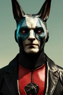 Medium Close Up Portrait, Front image. cyberpunk, rabbit mask helmet, strong man, black hair. latex suit. Purple, red, color. Joker style. Color background, photo studio. Avatar image, highly detailed, concept art, smooth, unreal engine 5, ray tracing, RTX, lumen lighting, ultra detail, volumetric lighting, 3d, finely drawn, high definition, high resolution.