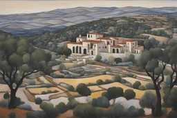 a painting of a placid 16th century Spanish villa set amidst a landscape of ancient olive groves by Jean Dubuffet