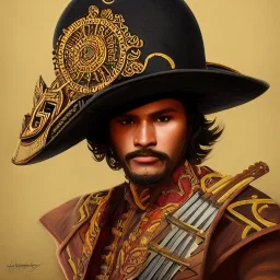 portrait,"Insanely detailed photograph of a mariachi warrior", intricate charo,large Sombrero,handsome, detailed D20 flair, digital painting, artstation, concept art, smooth, sharp focus, illustration, art by artgerm and greg rutkowski and alphonse mucha, 8 k