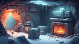 underground bunker in a cold icy caves, computers and robots, ongoing operation, sci fi, comical, high detailing, robots working, fireplace, high quality retro pixel art,