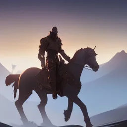 medieval knight traveling on a horse surrounded by mountains