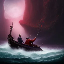 Charon the ferryman in his boat on the river Styx, red black purple colours, 8k, high definition, fantasy art, winding river, sharp jagged rocks, high contrast colours, sharp colours