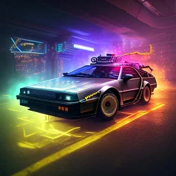 cyberpunk army DeLorean, cyberpunk 2077, center composition, reflection, ultra realistic, shiny, smooth, studio quality, octane render, Surrealism, Triadic colour scheme, glow-stick, god rays, mist on the horizon, ambient lighting, nightclub lighting, polaroid, 100mm, --ar 1:1 --v4