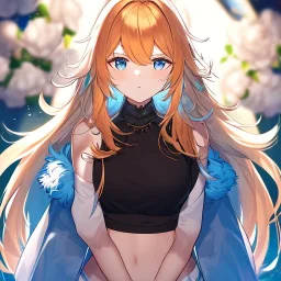 Clear focus,8k,Beatiful Lighting,Beatiful Blur,Beatiful Shading,Orange long hair,fluffy hair, long fluffy bangs, Blue eyes, wearing a crop top with a flowers near the end that are white and the main color is black, sleeveless crop top, wearing light blue cut sleeves with white flowers near the end, wearing a light yellow skirt with black long stocking on, underboob, wearing a black fingerless gloves