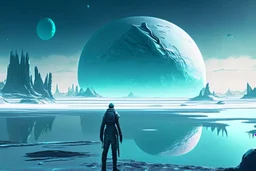 alien landscape with person seeing a grey exoplanet in the horizon, lagoon, ice blocks, sci-fi, concept art, cinematic, very epic