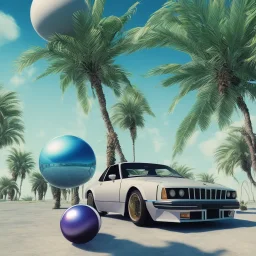 1980's aesthetic vaporwave palm trees and spheres and sports car