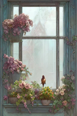 Shabby chic window with flowerpots and bouquets filled with beautiful flowers.full sunlight, stormy clouds, bird, watercolour and ink, stained glass Modifiers: elegant intricate beautiful fantastic view crisp quality colourful Jean-Baptiste Monge pastel colors full view