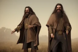 An ethereal laughing long haired bearded tall man wearing rugged long merchant's coat a cape and gold earrings and jewelry. medieval fantasy, black background