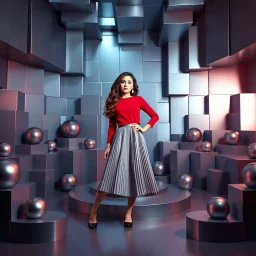 make a picture pretty stage made of metallic blue-gray teme 3d recursive cubic and sphere and cylinder base structures and a beautiful fashion model lady posing with cute in black and white and the scene is in color,with dark red top and pretty pleated midi skirt ,makeup curvy long hair,dynamic camera zoom to full body and pan, dynamic lights.