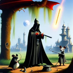 The Grim Reaper, a plague doctor and a mouse, in Lollipop world, considering the future of the universe, art by Ralph McQuarrie