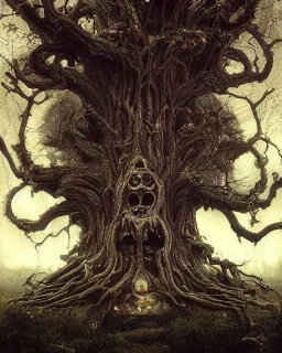 A beautiful highly detailed ancient tree with ornate intricate demon skulls grown into it, sticking out in random places, some screaming, some with glowing eyes, horrorcore made of shiny obsidian glass :: reflective, glassy :: subtractive lighting, backlit :: by John William Waterhouse, Greg Rutkowski, HR Giger :: hyperrealistic, hyper detailed, photorealistic :: epic, incredible composition, amazing depth, meticulously composed, 16k resolution concept art :: fantasy magazine cover art