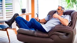 man sitting ALONE in his lazy boy chair at home on the phone confused