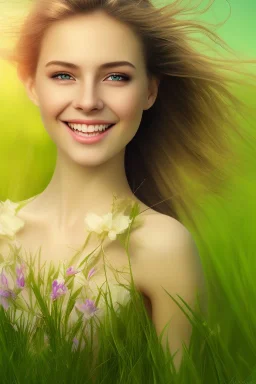 Beautiful pretty smile of girl in picture in grass flower ground in afternoon, 12k resolution, super HD, detail realístiC PHOTOGRAPH