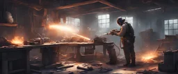 engineer welding a weapon inside a workshop, post-apocalyptic, concept art