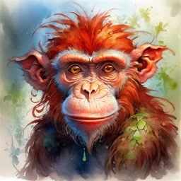 dnd, fantasy, watercolour, humongous strokes, stylistic, portrait, illustration, furry, monkey , personable face