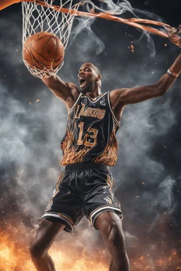 8k, highly realistic and detailed image of a NBA basketball player in action dunking the ball in the net, sweaty hair, screaming look,action and smoke and flames background