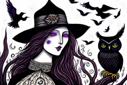 Witch, playing with owl and black cat, perfect iris, ink and pencil, style Elizabeth Kreitz