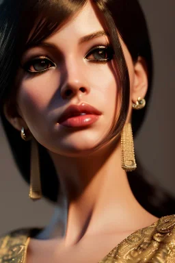 Young business woman, dark orange eyes, dark brown hair, elegant hair, thin lips, gold hoop earrings, waist up portrait, 8k resolution, intricate details, ornate details, soft lighting, vibrant colors, retroanime, masterpiece, realistic, intricate eyeliner, dark eyeshadow, eyes,futuristic cityscape background